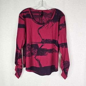 Porto Womens Size 3 Large Stretchy Ruched Sleeves Abstract Cranberry Wine Red
